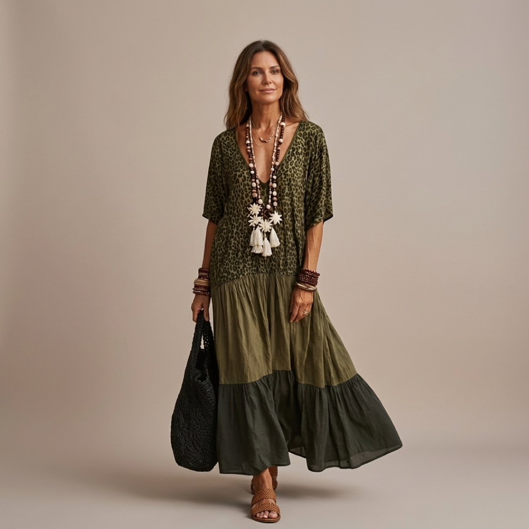 Relina – Stufiges gewebtes Boho-Maxikleid