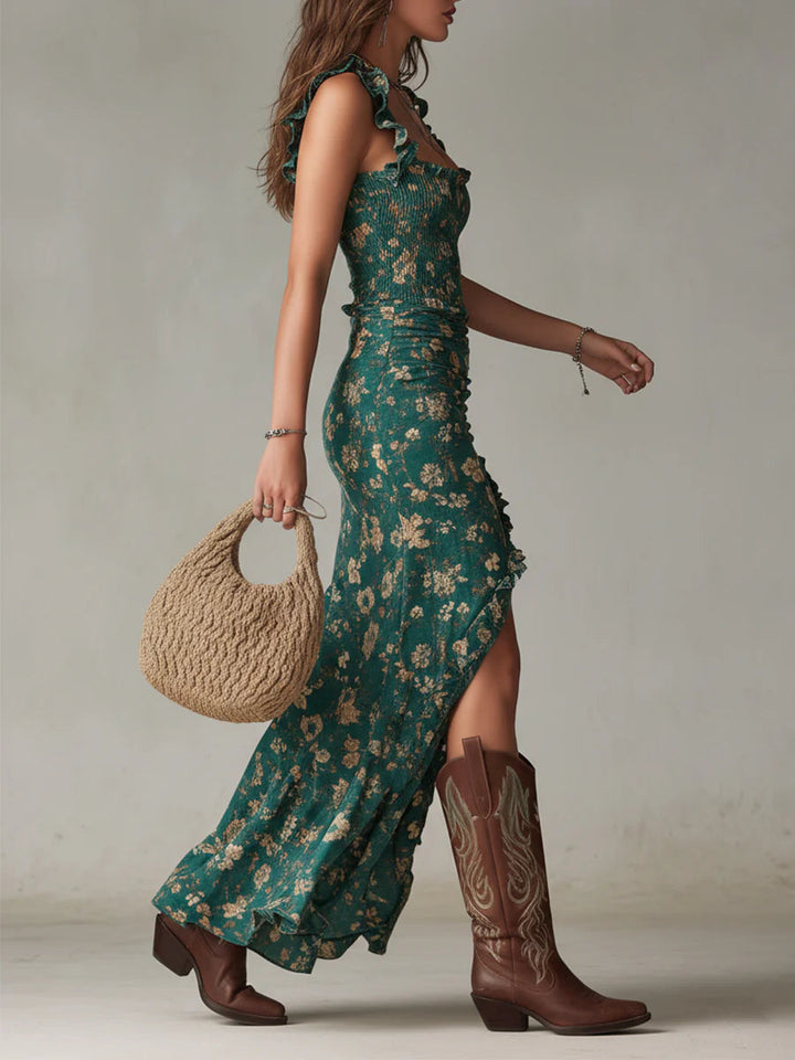 Ilyara – Seitenschlitz-Blumenmuster-Kleid