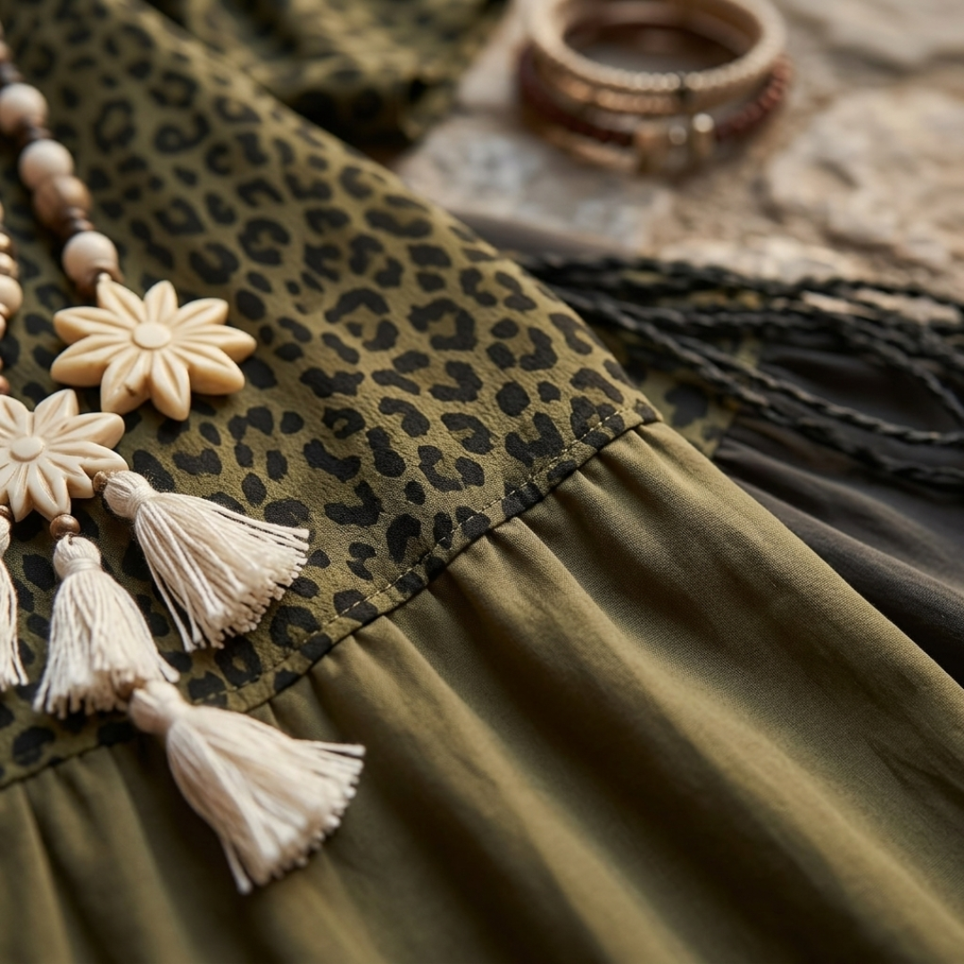 Relina – Stufiges gewebtes Boho-Maxikleid