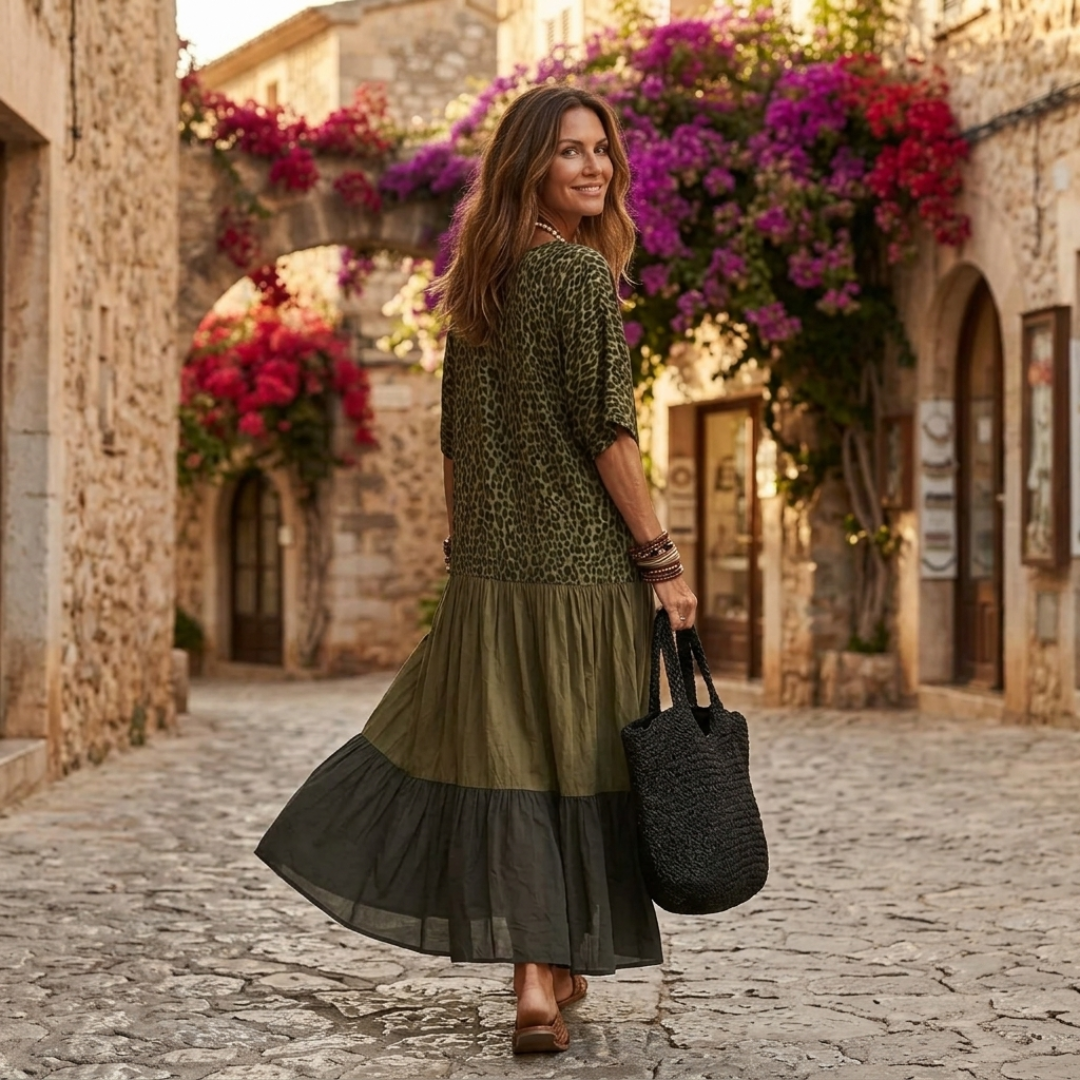 Relina – Stufiges gewebtes Boho-Maxikleid