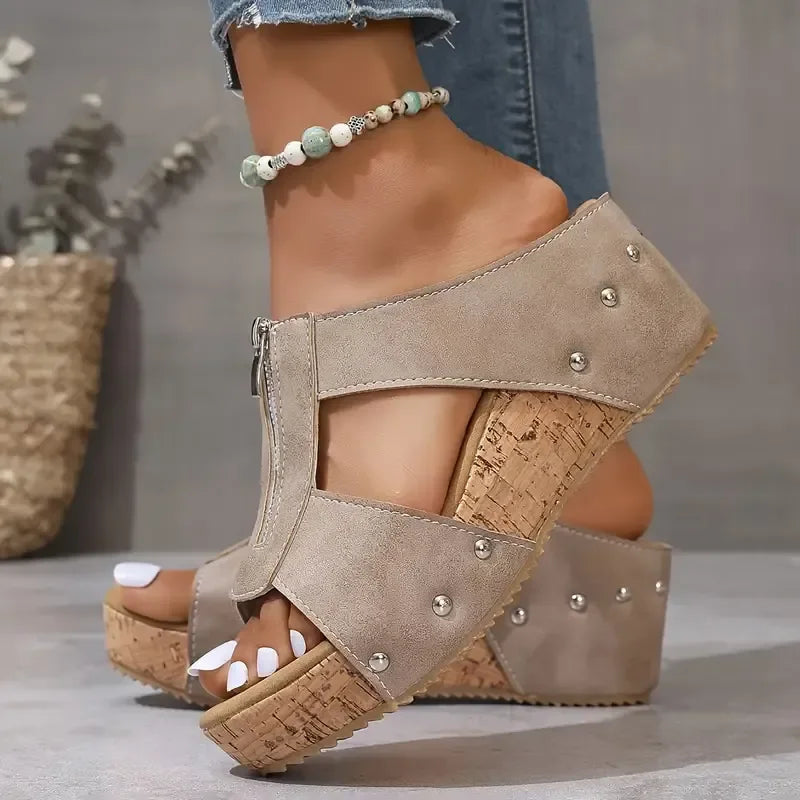 Velira - Front Zip Suede-Finish Wedge Sandals