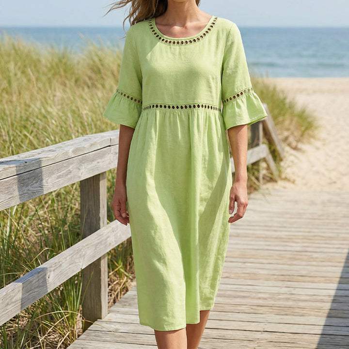 Lunira – Midi-Kleid aus Baumwoll-Leinen mit Spitzeneinsätzen