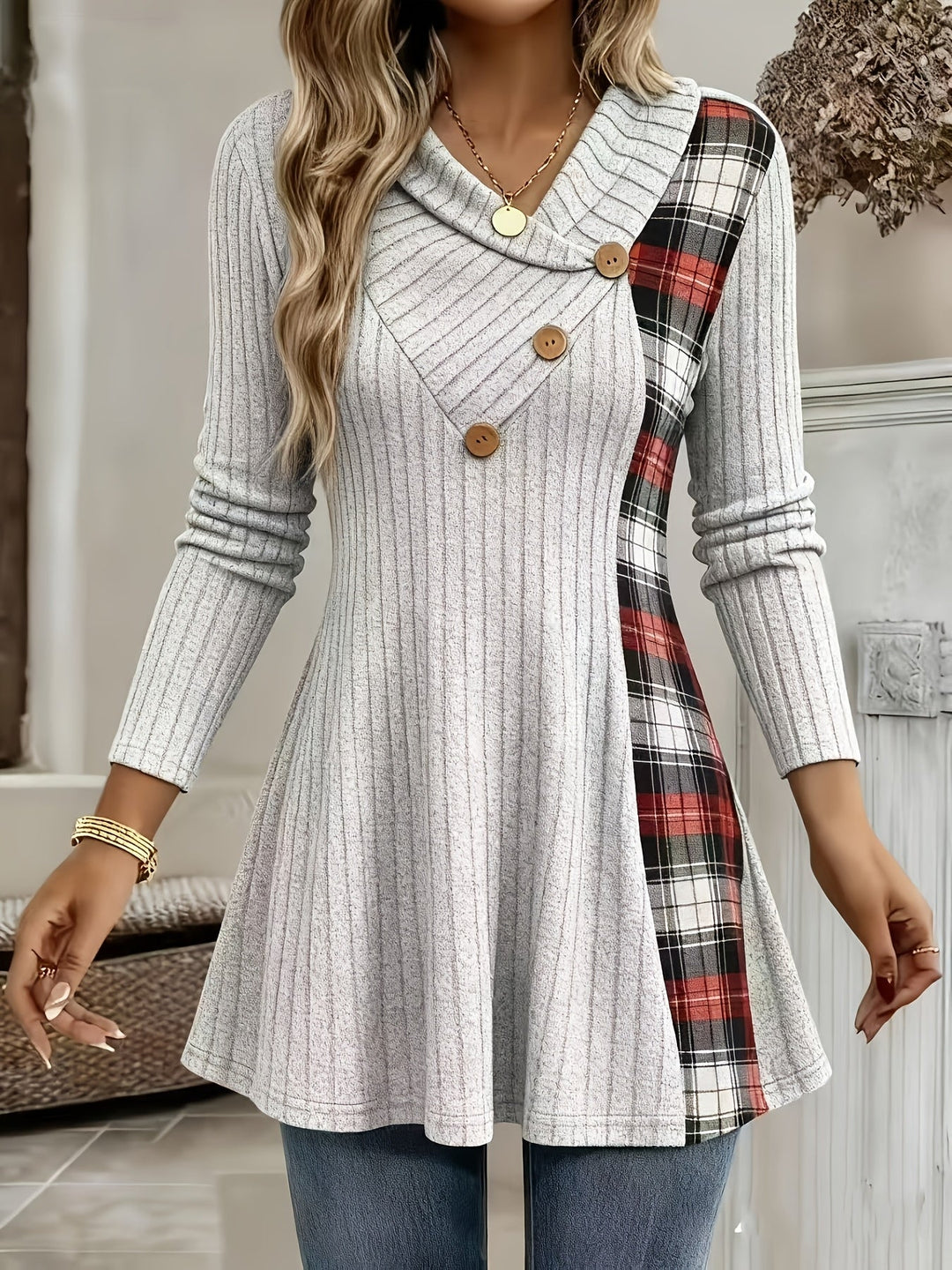 Tavina – Karo-Patchwork Strick-T-Shirt