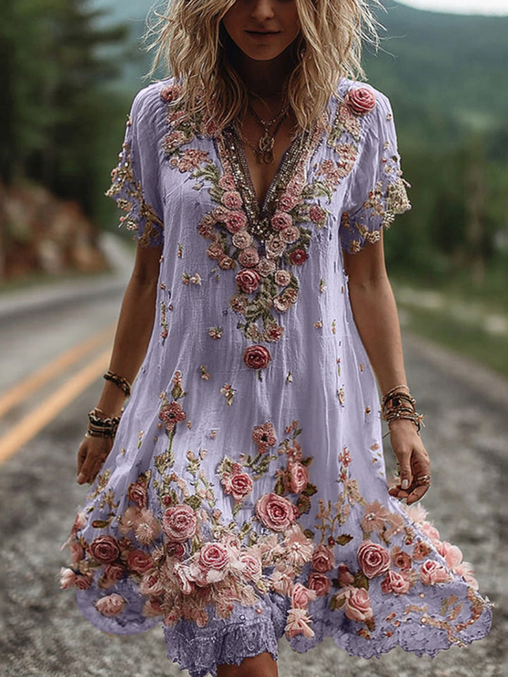 Noreli – Florales Stickdesign, Baumwollmix-Kleid