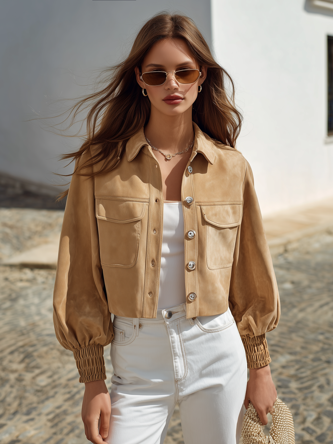Ceraya – Ballonärmel-Jacke aus Kunstveloursleder im Utility-Stil