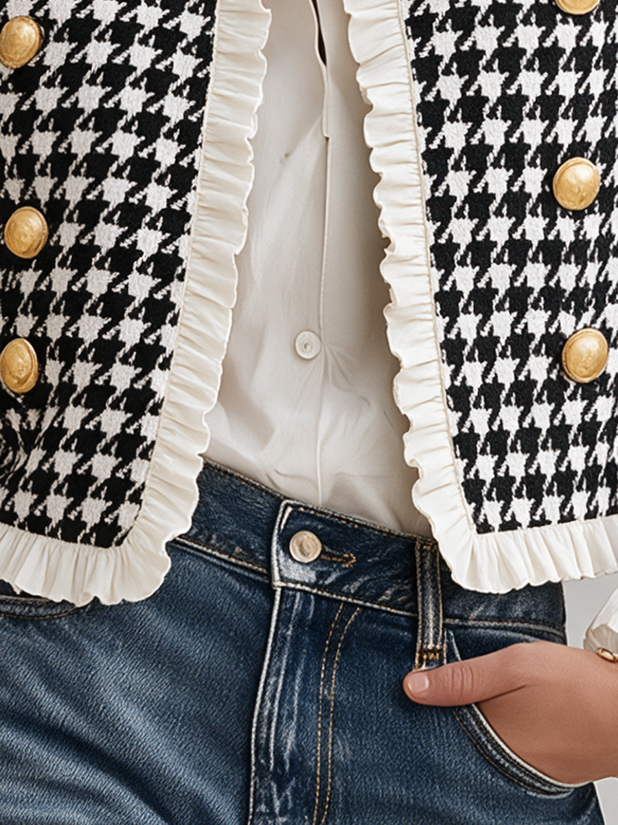 Mevara – Hahnentritt-Jacke mit Rüschendetails