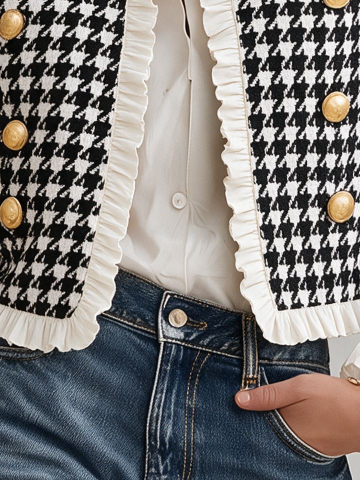 Mevara – Hahnentritt-Jacke mit Rüschendetails