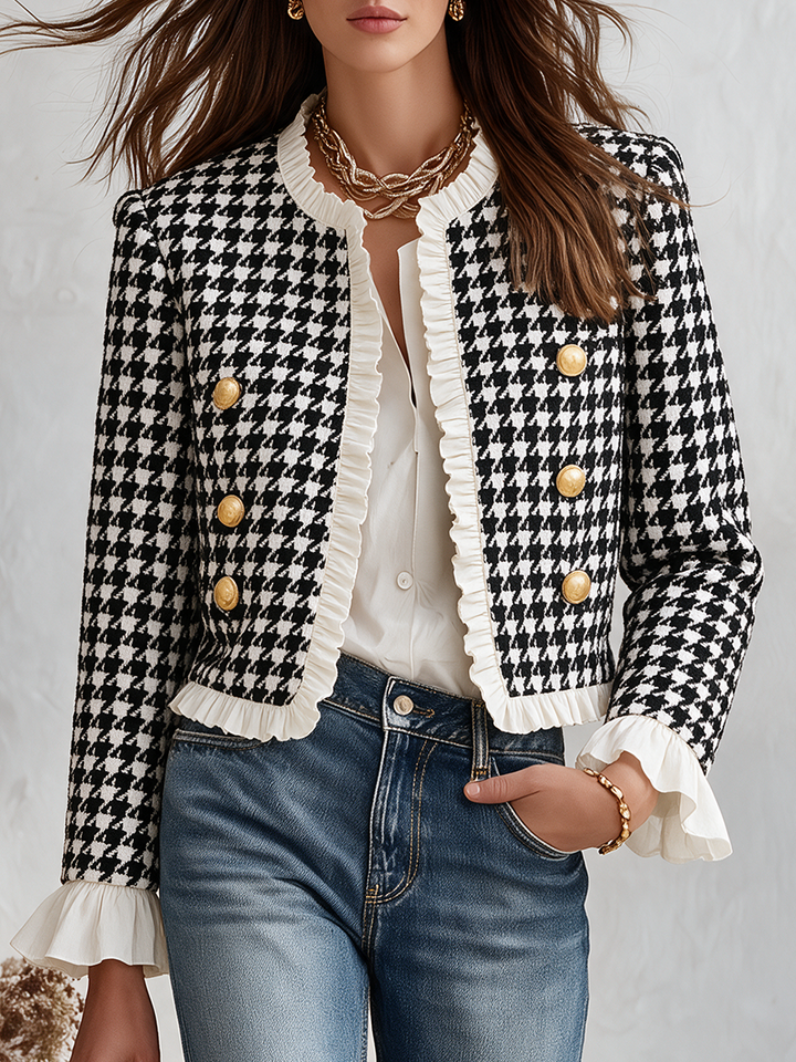 Mevara – Hahnentritt-Jacke mit Rüschendetails