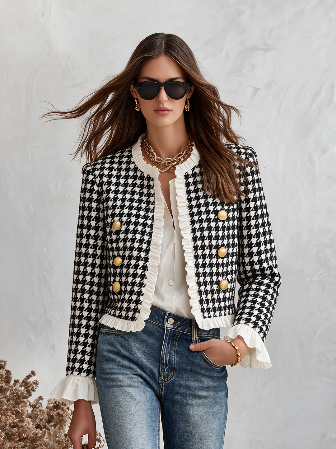 Mevara – Hahnentritt-Jacke mit Rüschendetails