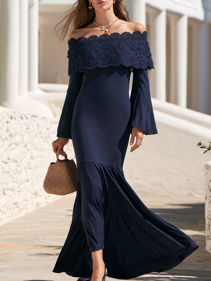 Jelanne – Bardot-Ausschnitt mit Guipure-Spitze, Jersey-Maxikleid