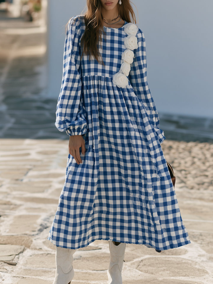 Tiselle – Mit Schulterapplikation aus Vichy-Seersucker gefertigtes Maxikleid