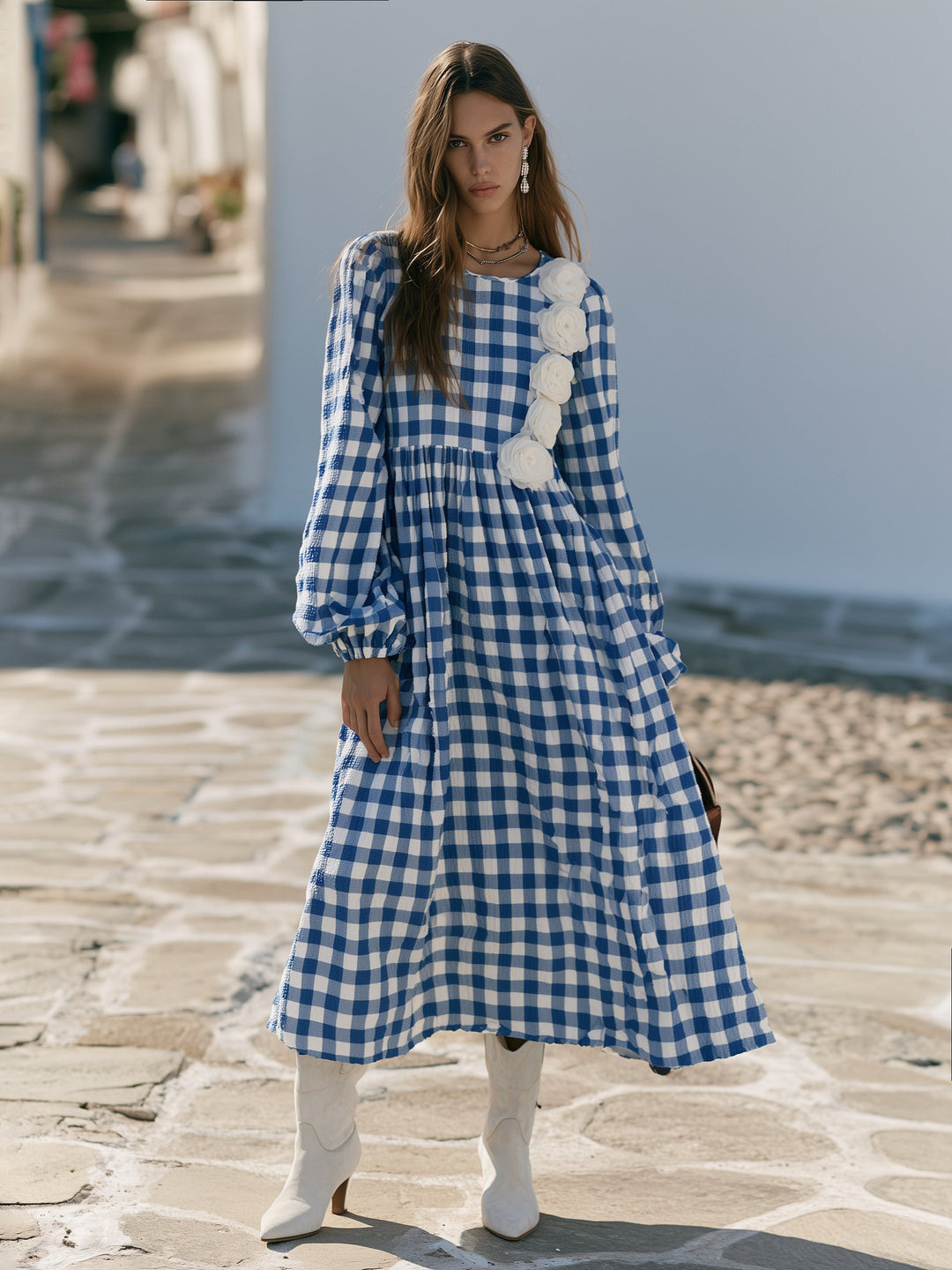 Tiselle – Mit Schulterapplikation aus Vichy-Seersucker gefertigtes Maxikleid