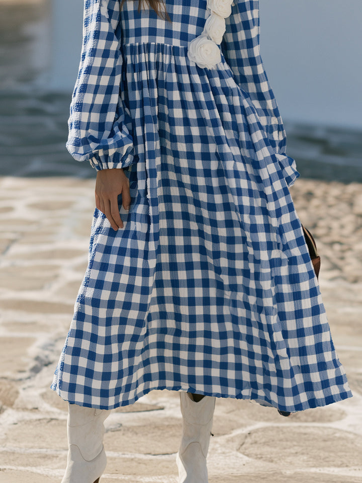 Tiselle – Mit Schulterapplikation aus Vichy-Seersucker gefertigtes Maxikleid