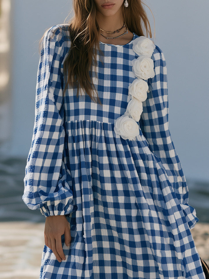 Tiselle – Mit Schulterapplikation aus Vichy-Seersucker gefertigtes Maxikleid