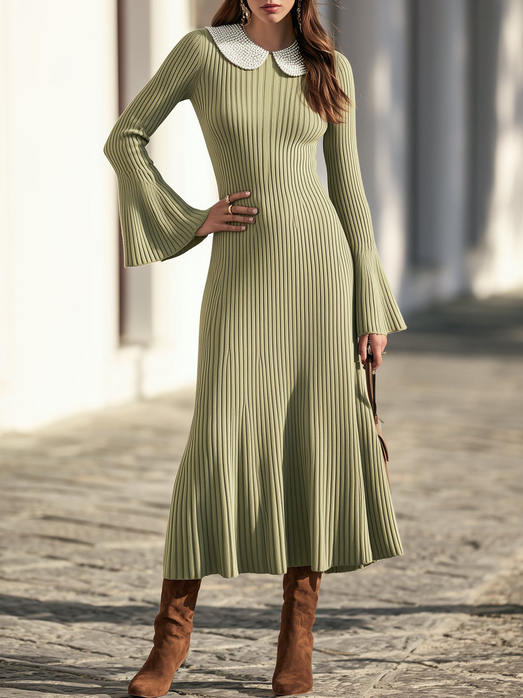 Zarelle – Peter-Pan-Perlenkragen-Strickkleid