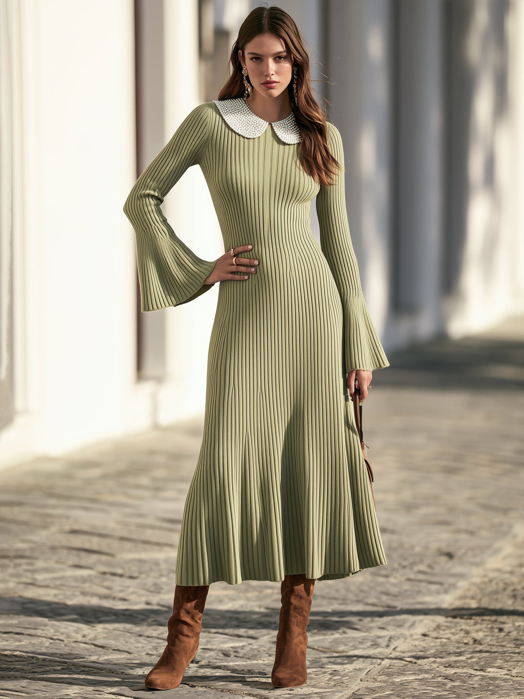 Zarelle – Peter-Pan-Perlenkragen-Strickkleid