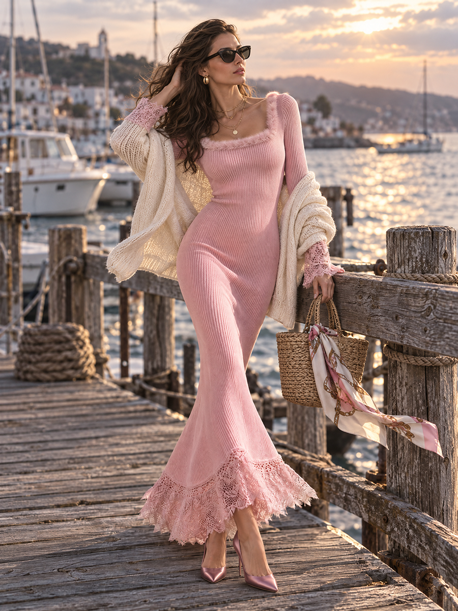 Fennah – kunstpelzbesetztes Rippstrick-Maxikleid