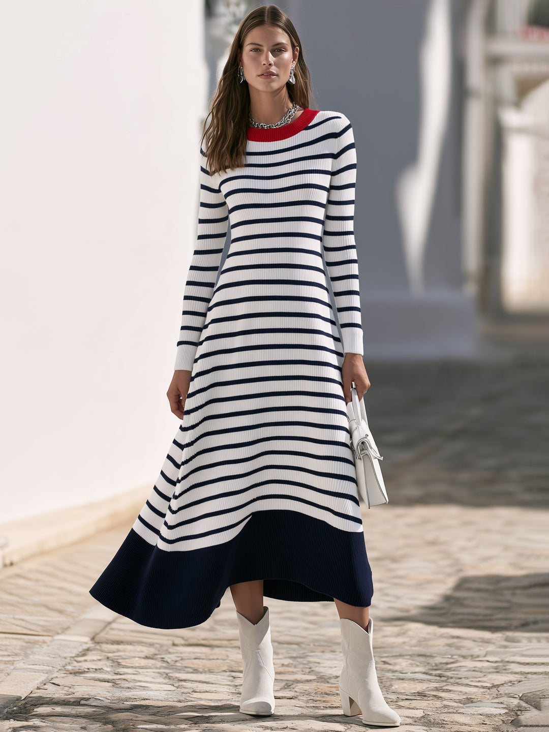 Savise – Rippstrick-Midi-Kleid mit kontrastfarbenem Halsausschnitt