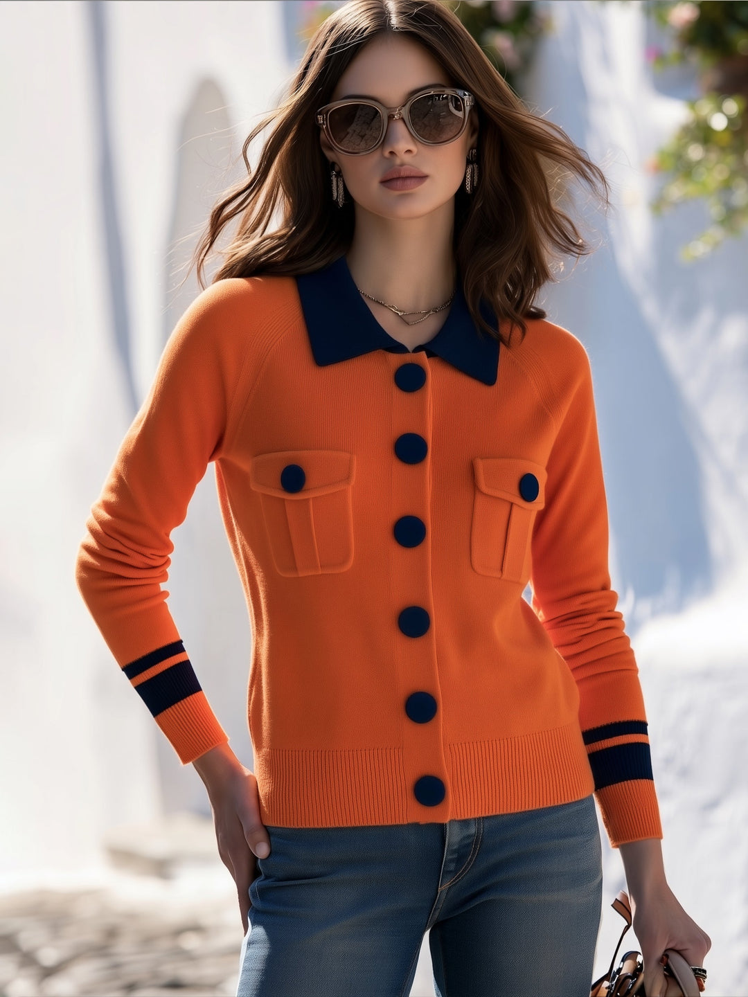 Zanise – Strickjacke mit kontrastfarbenem Polokragen