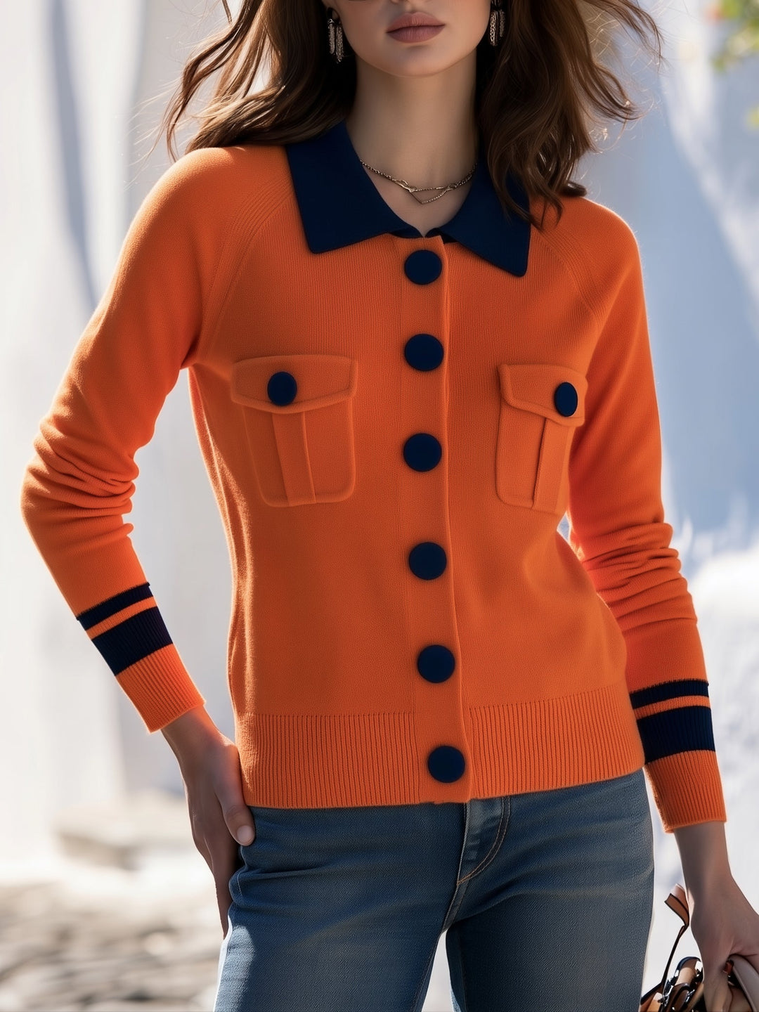 Zanise – Strickjacke mit kontrastfarbenem Polokragen
