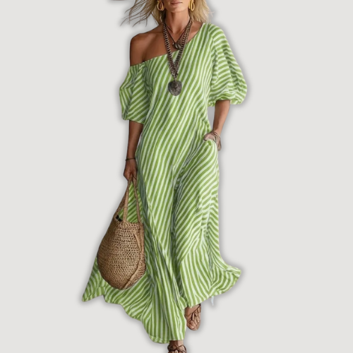 Avyra – Schulterfreies gestreiftes Maxikleid