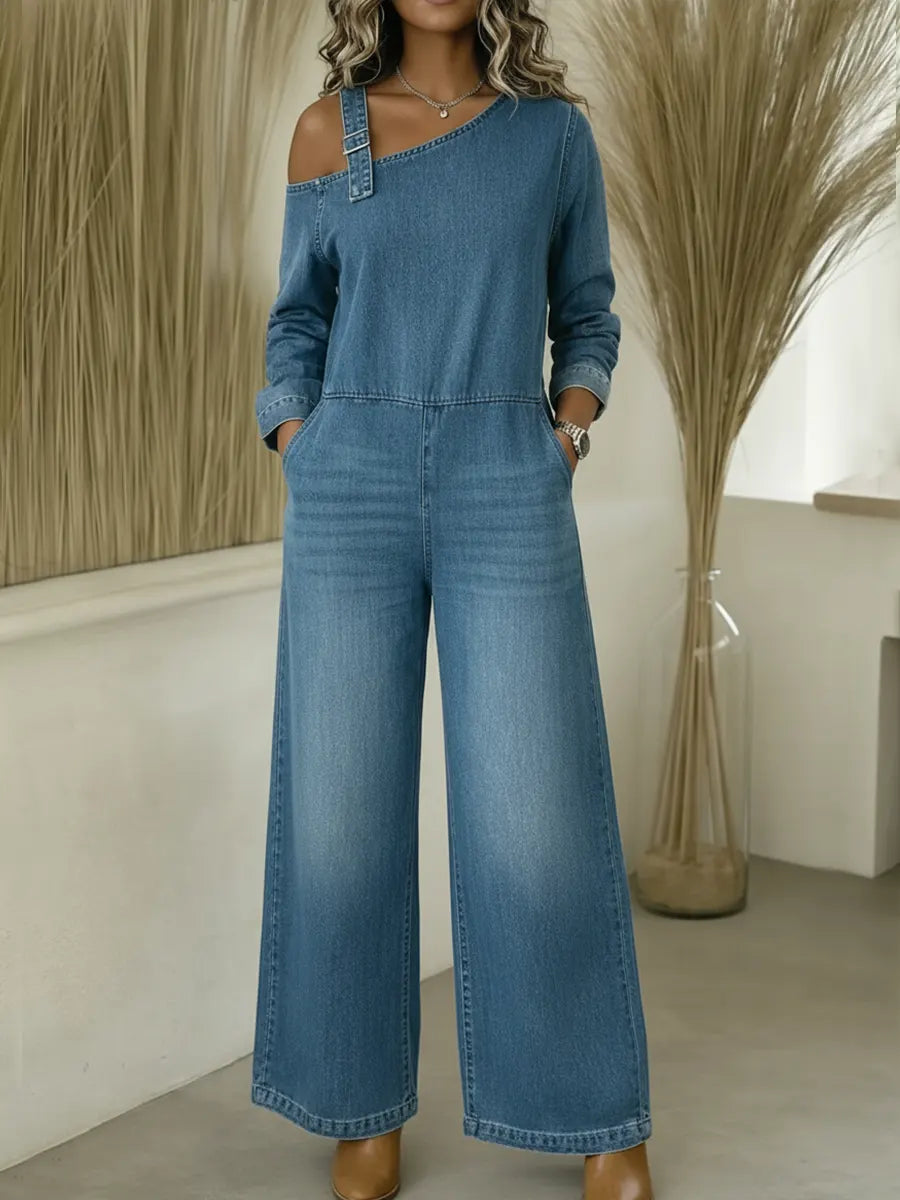 Lyrane – Bardot-Ausschnitt-Denim-Jumpsuit
