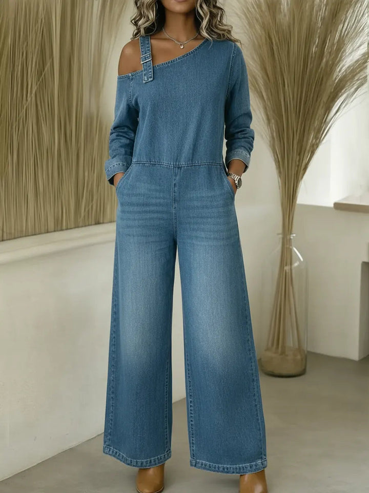 Lyrane – Bardot-Ausschnitt-Denim-Jumpsuit