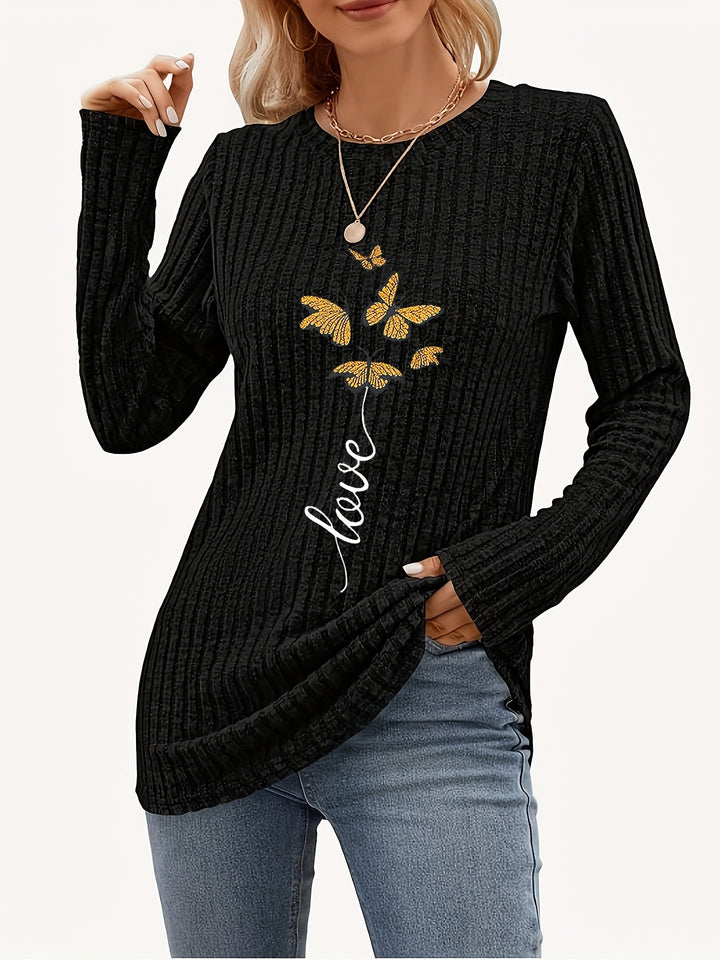 Calira – Schmetterlings-Platzierungsdruck Rippstrick-T-Shirt