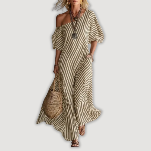 Avyra – Schulterfreies gestreiftes Maxikleid
