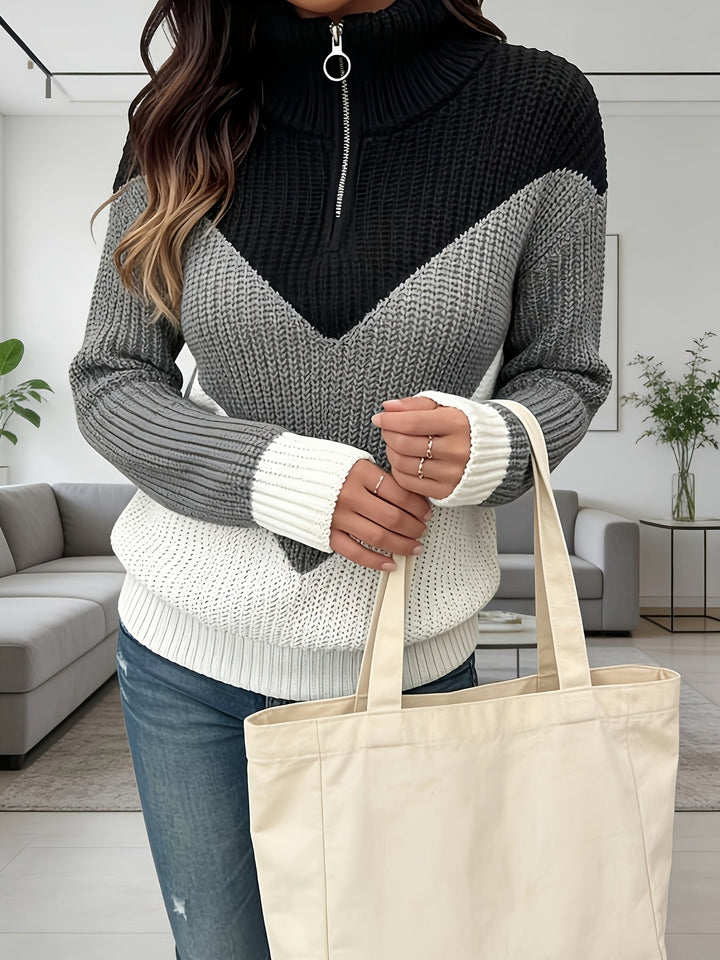 Velira – Farbblock-Strickpullover mit Reißverschlusskragen