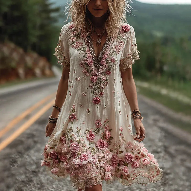 Noreli – Florales Stickdesign, Baumwollmix-Kleid