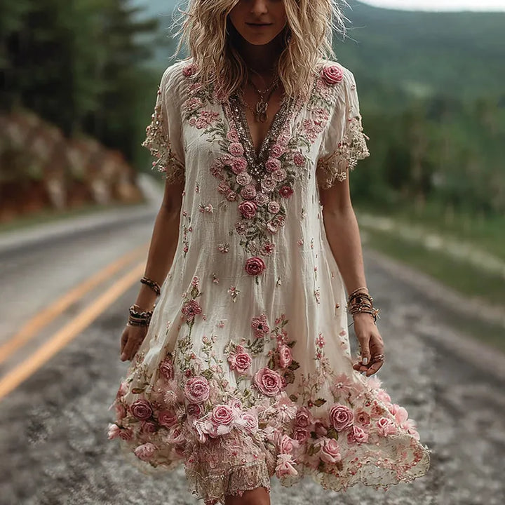 Noreli – Florales Stickdesign, Baumwollmix-Kleid