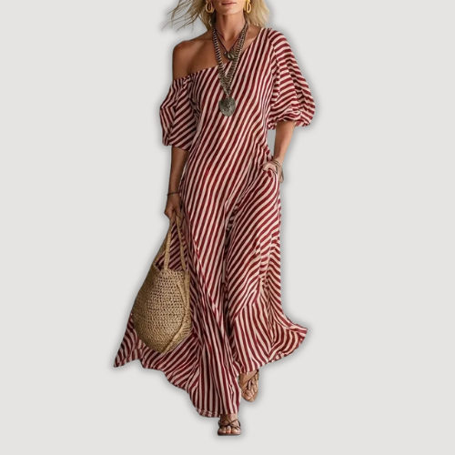 Avyra – Schulterfreies gestreiftes Maxikleid