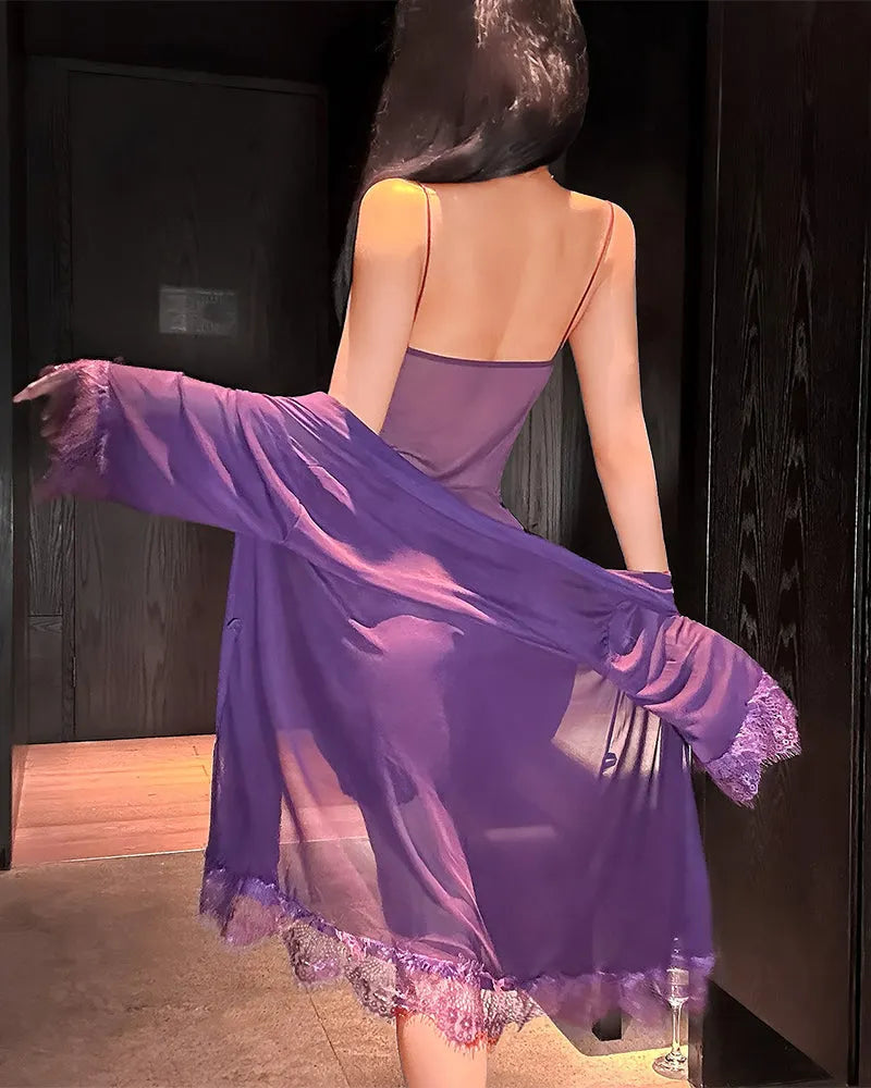Solyne – Spaghettiträger Spitzen-Mesh-Pyjama-Set