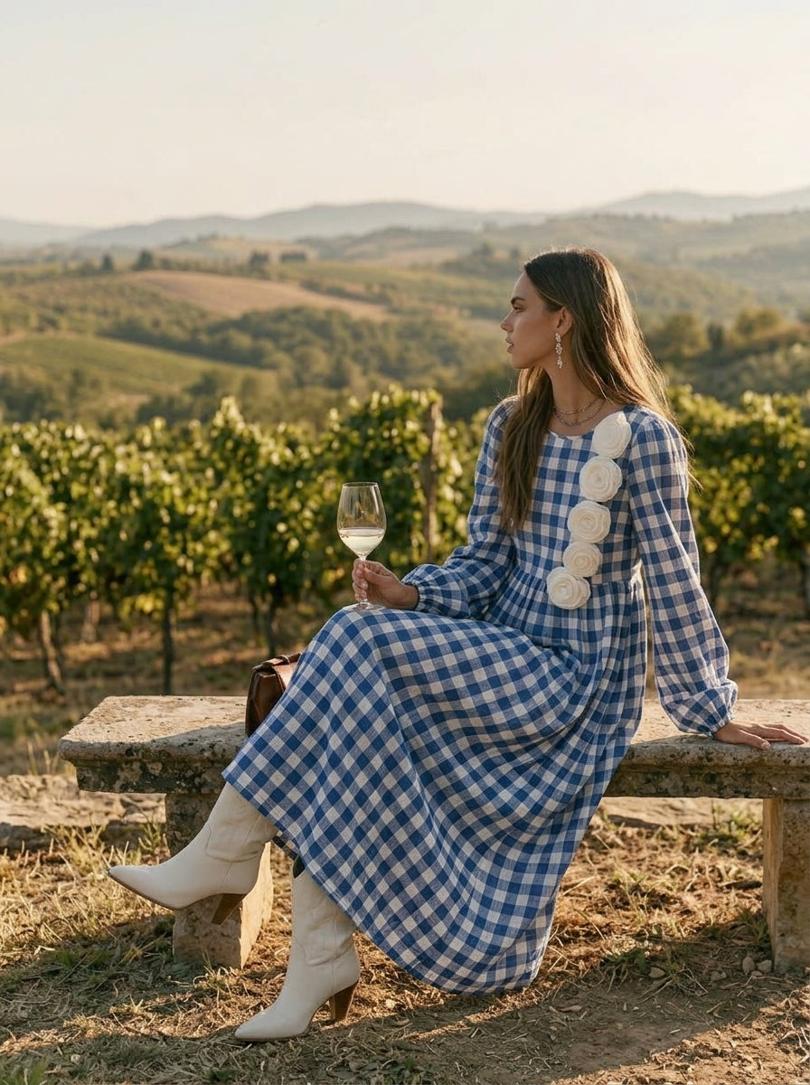 Tiselle – Mit Schulterapplikation aus Vichy-Seersucker gefertigtes Maxikleid