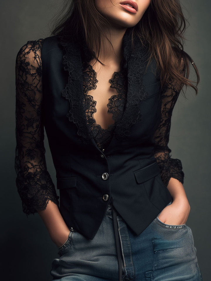 Nalira – Bluse mit Spitzenärmeln und Weste als Set
