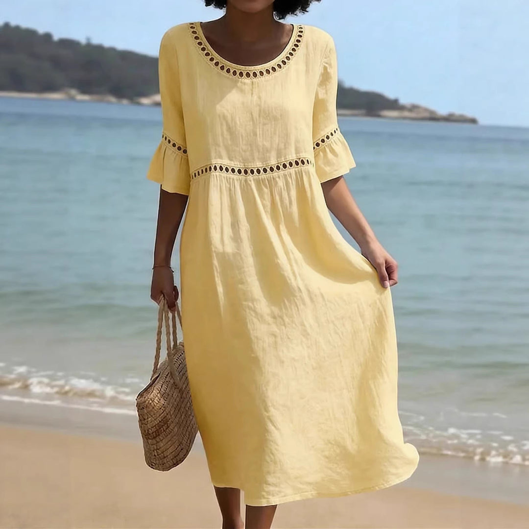 Lunira – Midi-Kleid aus Baumwoll-Leinen mit Spitzeneinsätzen