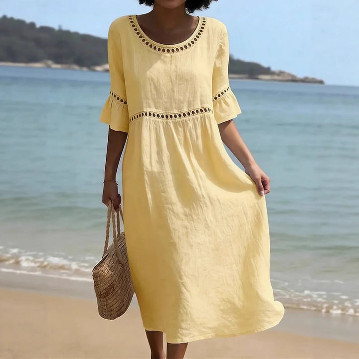 Lunira – Midi-Kleid aus Baumwoll-Leinen mit Spitzeneinsätzen