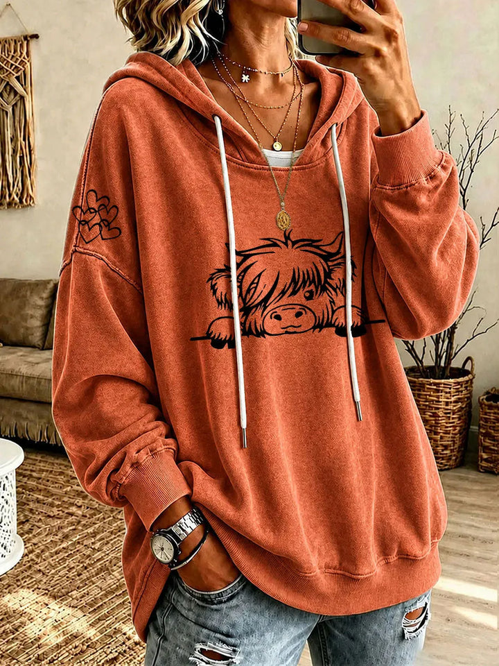 Noreli – Allover-Hochlandrinder-Print Strick-Kapuzenpullover