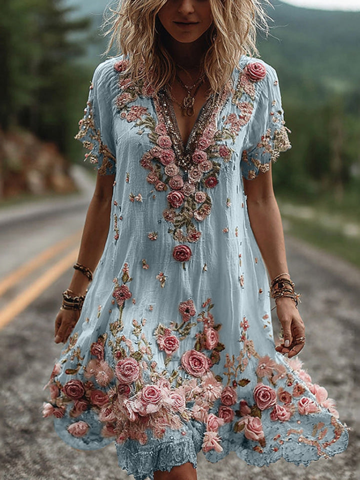 Noreli – Florales Stickdesign, Baumwollmix-Kleid