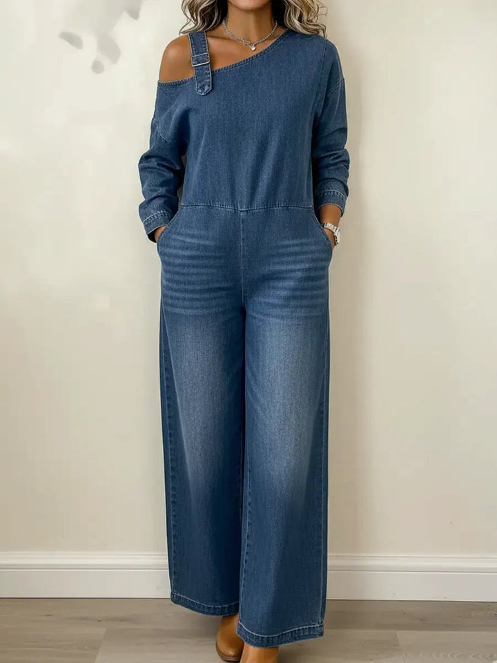 Lyrane – Bardot-Ausschnitt-Denim-Jumpsuit