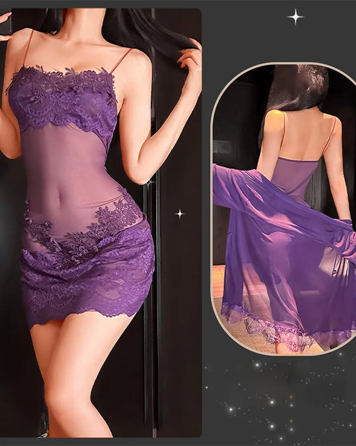 Solyne – Spaghettiträger Spitzen-Mesh-Pyjama-Set