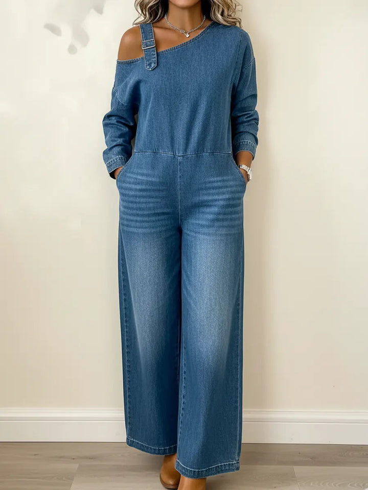 Lyrane – Bardot-Ausschnitt-Denim-Jumpsuit