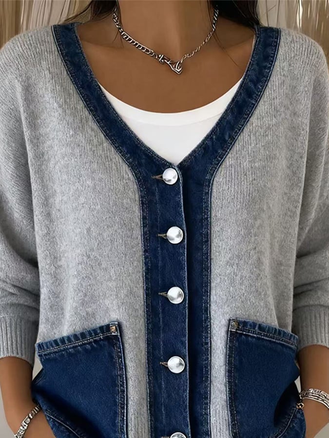 Ilyra – Denim-Patchwork-Strickjacke
