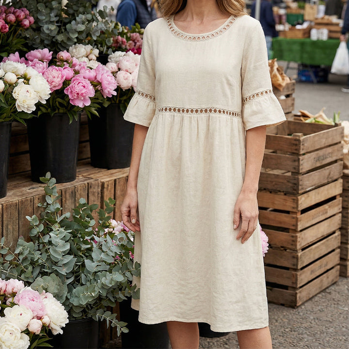 Lunira – Midi-Kleid aus Baumwoll-Leinen mit Spitzeneinsätzen