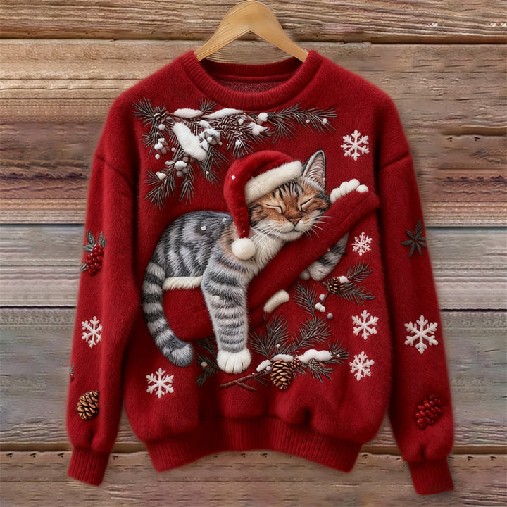 Velira – 3D-Katzenapplikation Pile-Strickpullover
