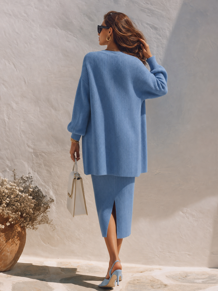 Vesara – Strickjacke-Midi-Strickrock-Set