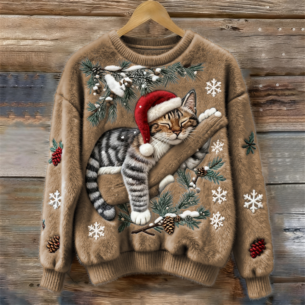 Velira – 3D-Katzenapplikation Pile-Strickpullover