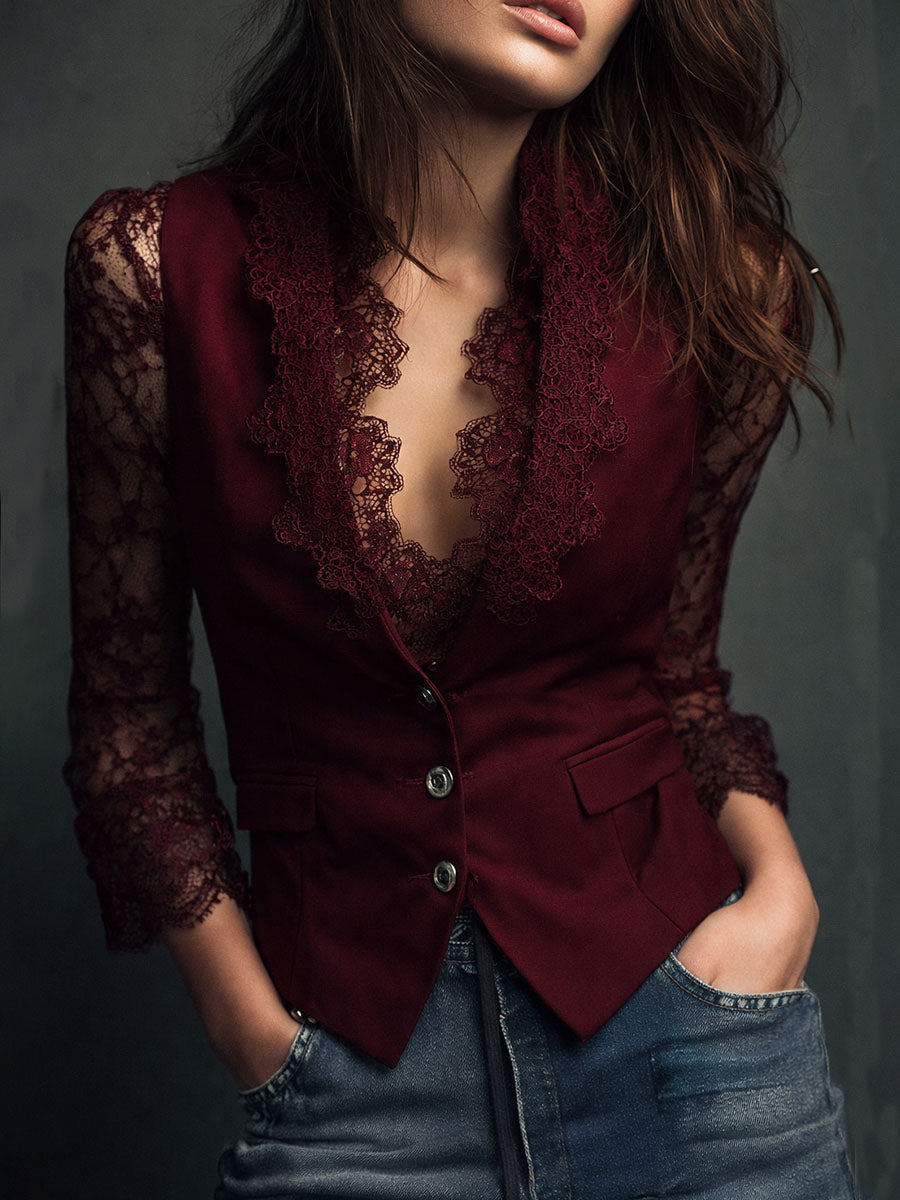 Nalira – Bluse mit Spitzenärmeln und Weste als Set