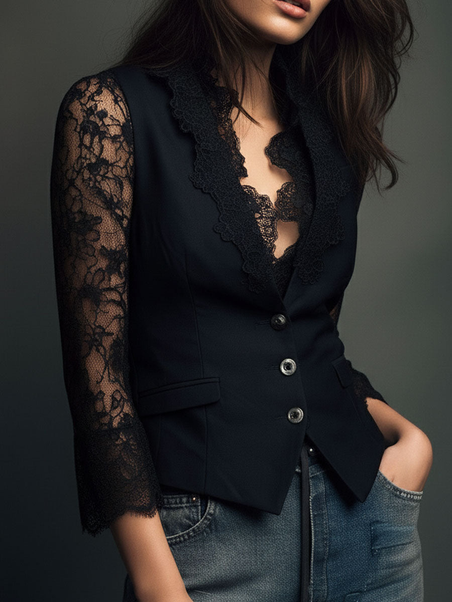 Nalira – Bluse mit Spitzenärmeln und Weste als Set